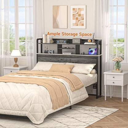 Unikito Headboard for Full Size Bed with Storage Shelf, Head Board with 3 Outlets and 2 USB Ports, Headboards with RGB LED Light, Height Adjustable, Sturdy and Stable, Easy Assembly,Black Oak