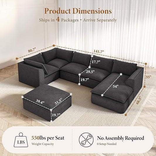 Vesgantti 141.7" Oversized Boneless Sectional Couch, 7 Seater Modular Sofa with Chaise & Ottoman & Armrest, Deep Seat Corduroy Cloud Couches for Living Room, No Assembly Required, Black