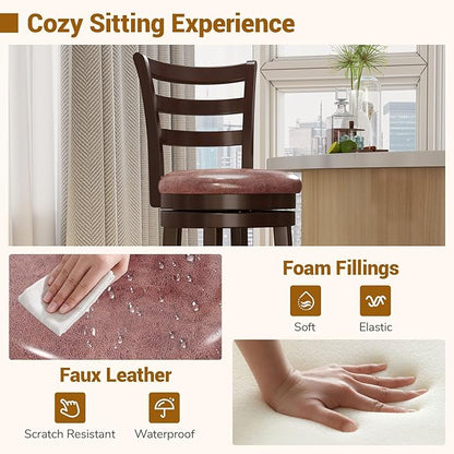 COSTWAY 26" Counter Height Stools Set of 4, Swivel High-Top Chairs with Backrest & Faux Leather Padded Seat, Rubber Wood Counter Barstools with Footrest for Kitchen, Dining Room, Pub (4,26'')