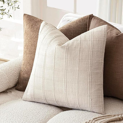 Foindtower Set of 2 Decorative Linen Check Throw Pillow Covers Neutral Farmhouse Vintage Cushion Covers Modern Boho Home Decor for Sofa Chair Couch Bedroom Living Room,20×20 Inch,Natural Beige