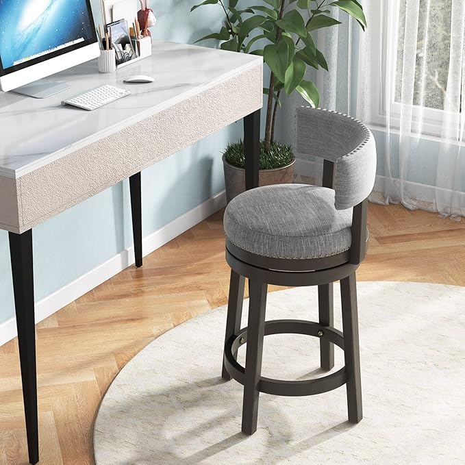 COSTWAY Bar Stool, 27-inch 360° Swivel Barstool with Upholstered Back & Seat, Solid Rubber Wood Legs & Footrest, Farmhouse Counter Height Chair for Home, Bar, Cafe, Grey (1, Seat Height 27‘’)
