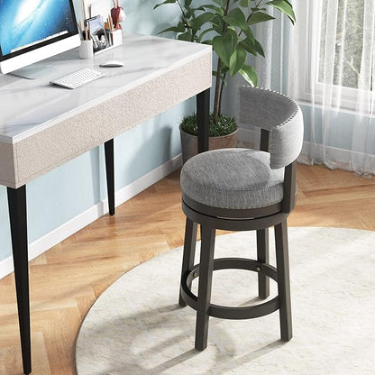 COSTWAY Bar Stool Set of 2, 27-inch 360° Swivel Barstool with Upholstered Back & Seat, Solid Rubber Wood Legs & Footrest, Farmhouse Counter Height Chair for Home, Bar, Cafe, Grey (2, Seat height 27‘’)