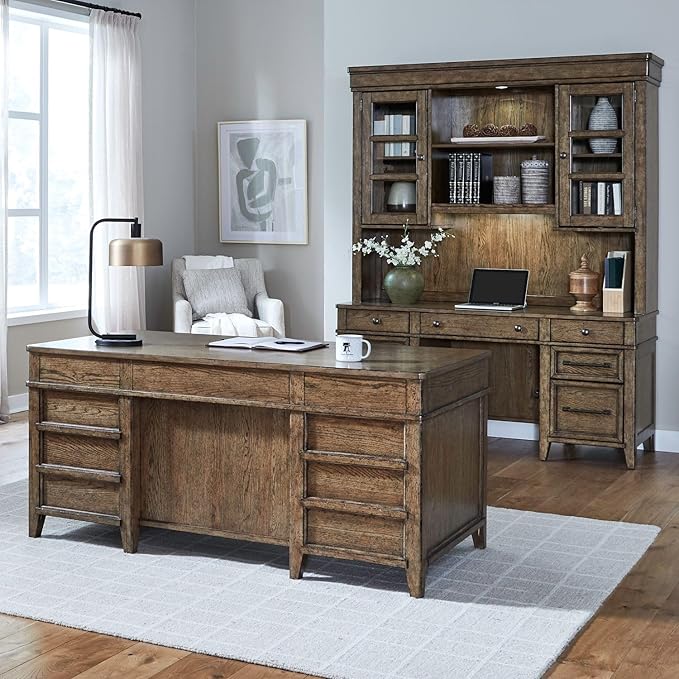 Liberty Furniture Carolina Park 5 Piece Jr Executive Set with Desk, Credenza & Hutch for Home Office- Amber Brown Oak Wood