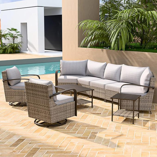 COOS BAY Aurora Terrace Half-Moon Outdoor Furniture Set, Rattan Conversation Set with Swivel Rockers, Curved 5-Seat Sofa, Coffee Table & Side Table, Seats 7, Beige/Beige