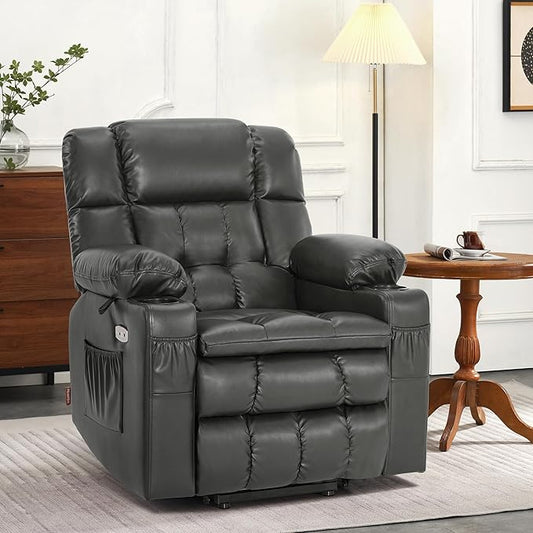 MCombo Dual Motor Small Power Lift Recliner Chair for Elderly, Lay Flat Lift Chair with Heat and Massage, Petite Lift Chair, Cup Holders, Faux Leather 7893 (Grey, Small)