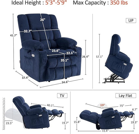MCombo Dual Motor Power Lift Recliner Chair with Massage and Heat for Elderly People, Infinite Position, USB Ports, Cup Holders, Fabric 7890 (Medium, Yale Blue)