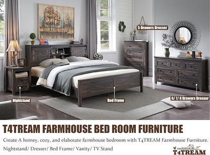 T4TREAM Farmhouse Nightstand Set of 2 with Charging Station, Rustic End Table with 2 Drawers, Storage Open Shelf for Bedroom, Living Room, Wood Side Table, Dark Rustic Oak