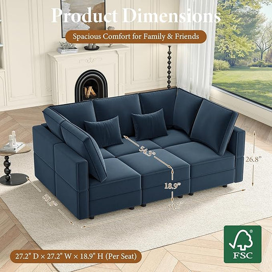 Vesgantti Sectional Sleeper Sofas with Storage, 92" Sofa Bed with 6 Seats Storage Chaises Removeble Cover, Deep Seat Modular Couches Velvet Couch Set for Living Room, Apartment, Home Theatre, Blue