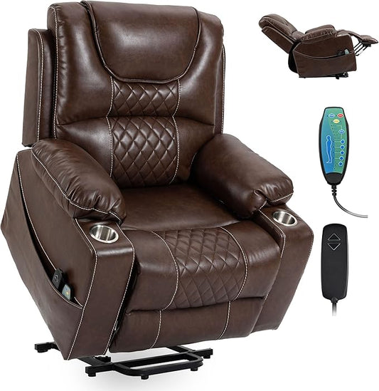 Power Lift Recliner Chair Sofa with Massage and Heat for Big and Tall Elderly,Infinite Positions,Single Motor,Cup Holders,and USB Ports,Faux Leather Home Theater Seat