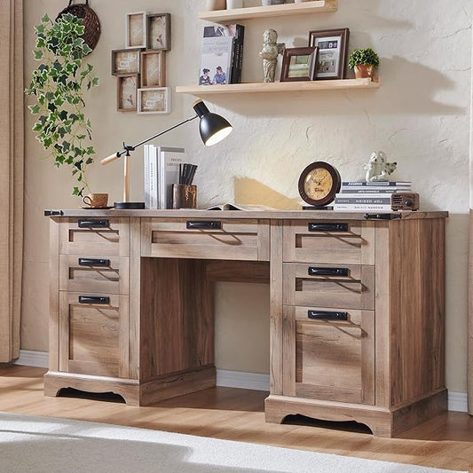 RedLemon 60" Farmhouse Executive Desk, Home Office Desk with Drawers, Charging Station, Keyboard Tray, File Drawer, Storage Cabinet, Wood Rustic Computer Writing Desk (Natural Oak)