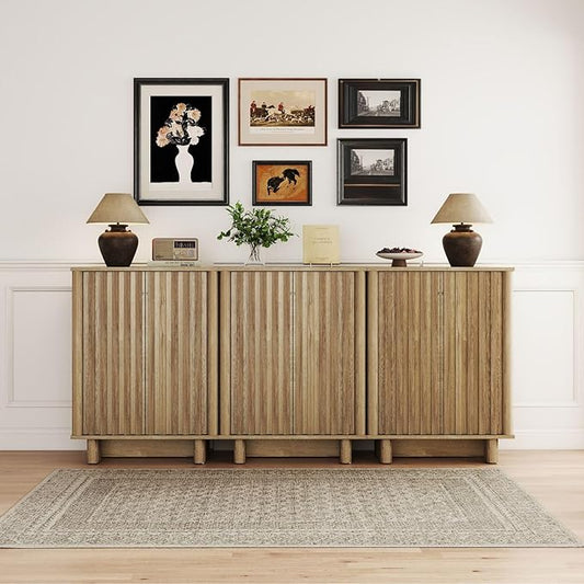 Sideboard Buffet Cabinet with Storage, Natural Freestanding Floor Cabinet Farmhouse Sideboard with 2 Fluted Doors Wooden Hallway Cabinet Media Console Table Credenza for Living Room Dining Room, 3PCS