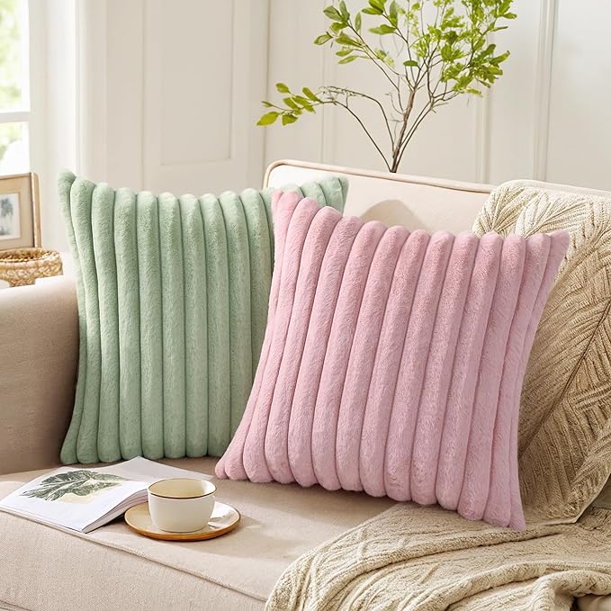 Pallene Faux Fur Plush Throw Pillow Covers 20x20 Set of 2, Luxury Soft Fluffy Striped Decorative Pillow Covers for Sofa, Couch, Living Room, Blush Pink