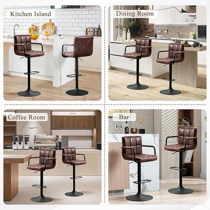 Furniliving Swivel Bar Stools Set of 4, Adjustable Kitchen Counter Height BarStools with Arms, PU Leather Upholstered Bar Chair with Back and Footrest for Dining Room, Kitchen, Pub, Bar (Darkbrown)