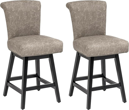 Bar Stools Set of 2, PU Leather Barstools, 26 Inch Upholstered Counter Stools with 15.7" High Back and Footrest, Swivel Counter Height Barstools for Kitchen Island Home Bar Greige