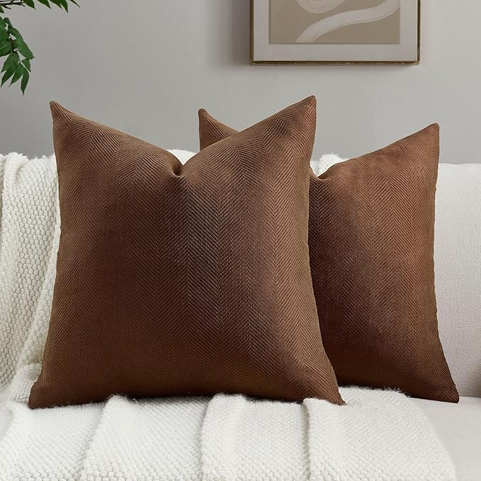 FUTEI Dark Brown Chenille Throw Pillow Covers 22x22 Inch Set of 2,Soft Wide Chevron Textured Cushion Case,Farmhouse Home Decor for Couch Bed Living Room