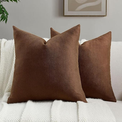 FUTEI Dark Brown Chenille Throw Pillow Covers 22x22 Inch Set of 2,Soft Wide Chevron Textured Cushion Case,Farmhouse Home Decor for Couch Bed Living Room
