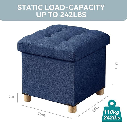 BRIAN & DANY Ottoman with Storage, Small Storage Ottoman for Dorm, Linen Folding Ottoman Foot Stool with Legs for Living Room and Bedroom, 15"x15"x15" - Blue