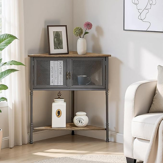 VECELO 3 Tier Corner Shelf,Corner Table with Mesh Door and Open-Shelf,Corner Cabinet Stand,Metal Frame Organizer Display Storage Shelves for Bedroom,Living Room,Kitchen,Bathroom