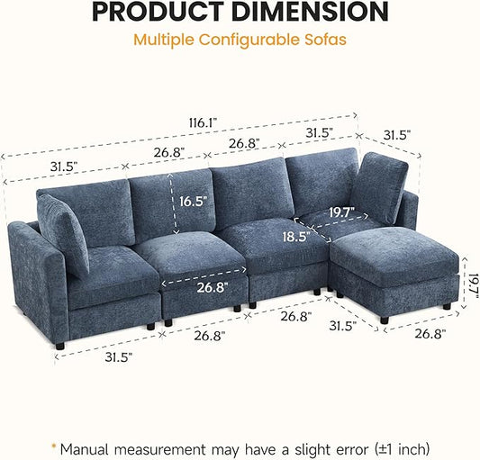 4-Seater Modular Sectional Cloud Sofa, Straight-Line Couches for Living Room, Modern Upholstered Deep Seat Sofa, Chenille Blue