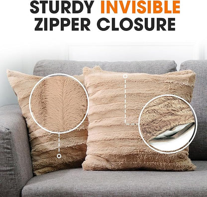Cheer Collection Faux Fur Throw Pillows - Decorative Pillows for Couch, Bed Throw Pillows, Sand Accent Pillows for Bedroom or Living Room Aesthetic, Set of 2 Furry Throw Pillows, 16" x 16"