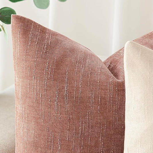 Foindtower Pack of 2 Textured Chenille Throw Decorative Pillow Covers Square Accent Solid Cushion Cover Neutral Farmhouse Pillow Case for Couch Sofa Bedroom Living Room 16x16 Inch,Dusty Pink