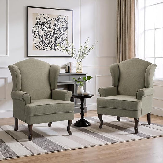 Pia Ricco Set of 2 High Back Accent Chairs: Upholstered Fabric Armchairs with Solid Wood Legs - Retro Living Room Pair, Comfy Reading Sofa Seats-Moss Grey