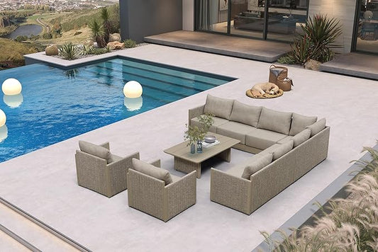 PURPLE LEAF 10 Pieces Patio Conversation Sets with Coffee Table All Weather Outdoor Couch Sectional Set with Cushion Small Conversation Set for Garden Poolside Backyard Beige