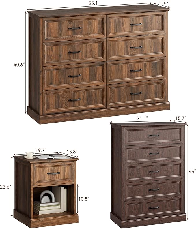 CARPETNAL Farmhouse Dresser and Nightstand Sets for Bedroom, 4 Pcs Bedroom Set, 5 Drawer & 8 Drawer Dresser and Nightstand Set of 2, Wood Chest of Drawers for Living Room, Entryway, Brown