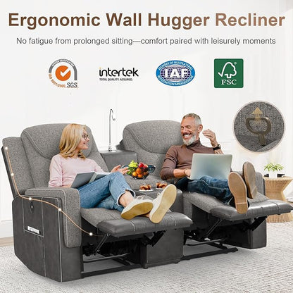 Loveseat Recliner, Manual Reclining Loveseat Sofa with Reading Light, Chic Blend Style Sofa, Storage Console, Cup Holders, USB Ports, Fabric & PU Leather, Recliner Couch for Living Room/RV