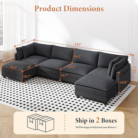 Vesgantti 143" U Shaped Sectional Modular Couch, Comfy Corduroy Upholstered Modular Cloud Sofas for Living Room, Modern Sectional Sofa with 2 Ottoman Deep Seat, Dark Grey