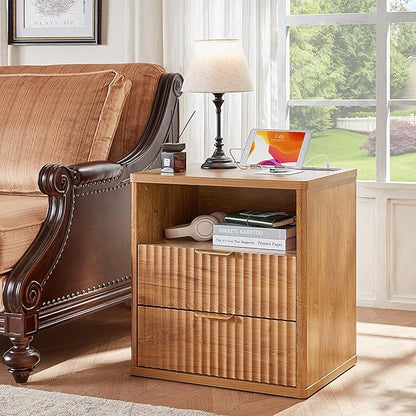 LEYAOYAO Fluted Nightstand with Charging Station, 23" Modern Night Stand with Woodgrain Top, 2 Drawers End Table w/Storage, Bedside Tables for Bedroom, Living Room, Curved Profile Design,Brown