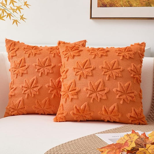 Kevin Textile Maple Leaf Pillow Covers 18x18 Inch Set of 2 Fallen Leaves Embroidery Decor Soft Plush Faux Fur Throw Pillows Pillowcases for Holiday Harvest Decor Sofa Couch Bedroom, Orange