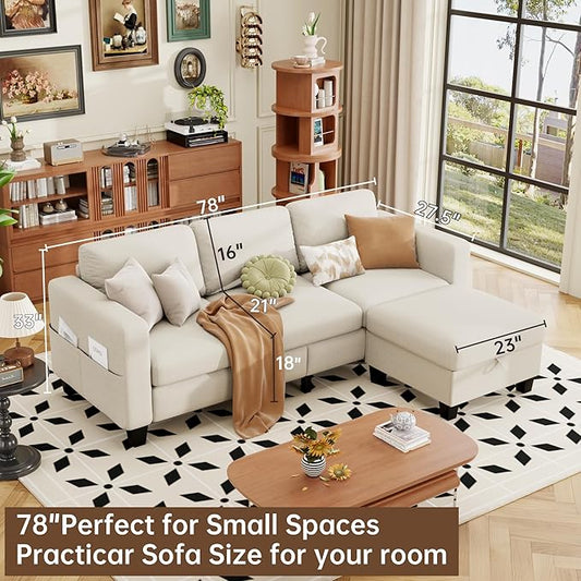 ZeeFu Sectional and Sofa Couches for Living Room - 78'' 3 Seater L-Shaped Modular Couch with Storage Ottoman - Modern Linen Fabric Upholstered Sofa Set for Small Space Apartment Office