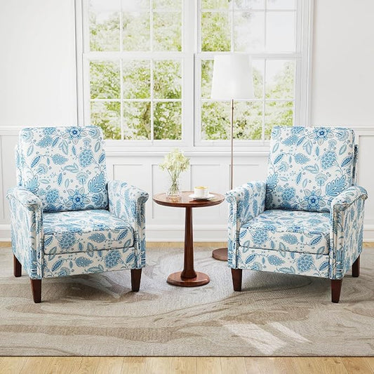 GOFLAME Floral Accent Chairs Set of 2, Comfy Upholstered Armchairs with Rubber Wood Legs and Thick Padded Cushion, High Back Single Sofa Chairs, Reading Side Chairs for Living Room, Bedroom, Blue