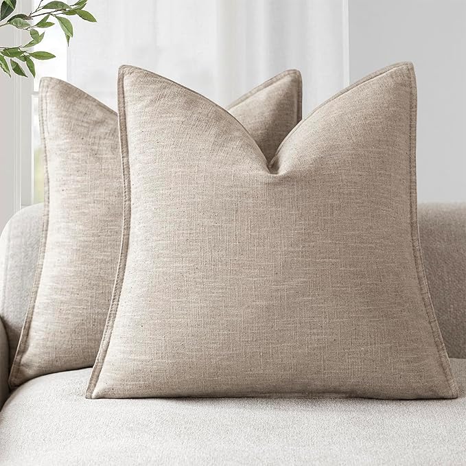 Foindtower Set of 2, Decorative Linen Soild Throw Pillow Covers Soft Accent Cushion Euro Case Boho Farmhouse Pillowcase for Chair Couch Sofa Bedroom Living Room Home Decor 22 x 22 Inch Natural Linen