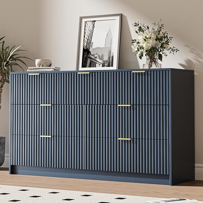 3-Piece Dresser Bedroom Set, 7 Drawer Dresser & 3 Drawer Nightstands with Gold Handles, Fluted Wood Chest of Drawers for Bedroom, Living Room, Entryway, Navy Blue