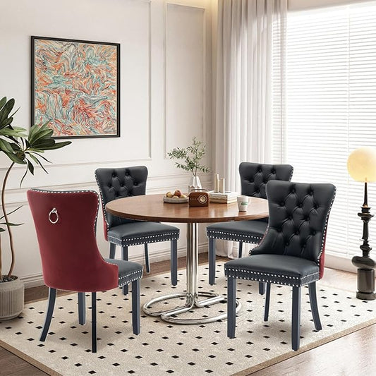 Leather Upholstered Dining Chairs Set of 4, Modern Style Kitchen Side Chairs with Nailhead Trim and Wood Leg, Metal Pulling Ring for Dining Room Living Room(Black&Wine Red)