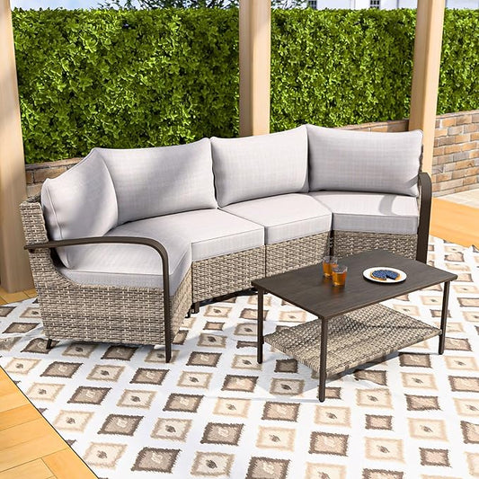 COOS BAY Aurora Terrace Half-Moon Outdoor Furniture Set, Rattan Conversation Set with Curved 4-Seat Sofa, Coffee Table, Seats 4, Beige/Beige