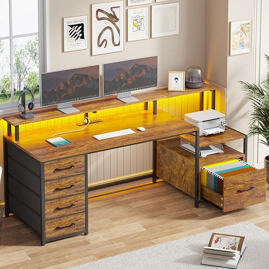 SEDETA Home Office Desk with File Drawer & Power Outlet, 66'' Computer Desk with 5 Drawer, Storage Shelves, Printer Cabinet and Monitor Shelf, Gaming Desk with Led Lights, Rustic Brown