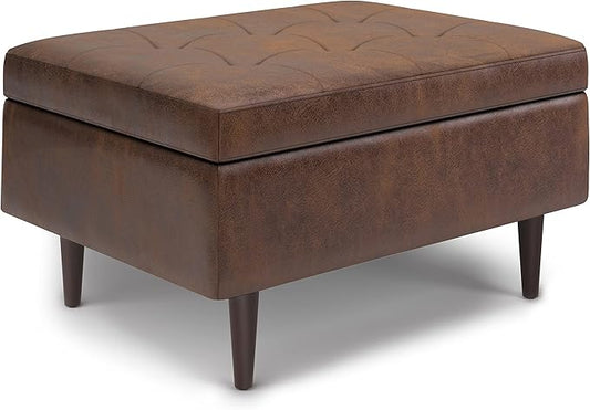 SIMPLIHOME Shay 34 inch Wide Mid Century Modern Small Rectangle Coffee Table Storage Ottoman in Distressed Chestnut Brown Vegan Faux Leather, Assembled, For the Living Room