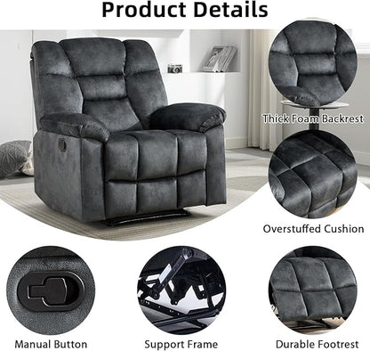 EBELLO Manual Recliner Chair for Adults with Soft Padded Headrest and Backrest, Overstuffed Single Recliner Sofa Chair for Living Room, Grey
