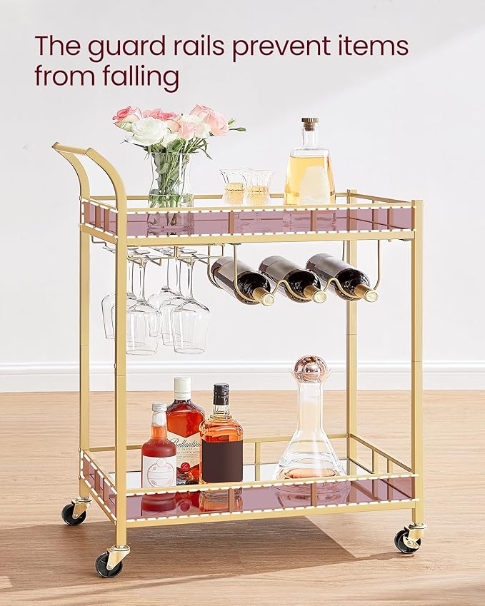 VASAGLE Bar Cart Gold, Home Bar Serving Cart, Wine Cart with 2 Mirrored Shelves, Wine Holders, Glass Holders, for Kitchen, Dining Room, Gold ULRC092A62