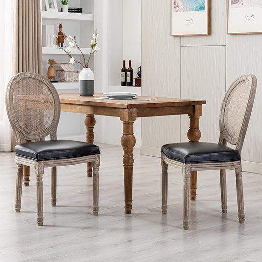 Farmhouse Leather Dining Room Chairs Set of 2 French Dining Chairs with Round Rattan Back French Bistro Chairs for Dining Room/Living Room/Kitchen/Restaurant, Black