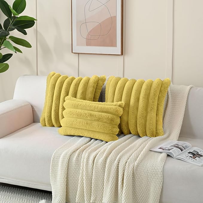 FUTEI Mustard Yellow Decorative Throw Pillow Covers 16x16 Inch Set of 2, Square Soft Faux Rabbit Fur Big Striped Cushion Cover,Home Decor for Couch Sofa Bed Living Room