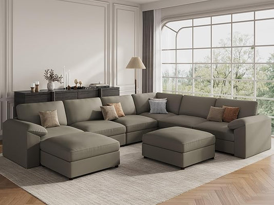 EASE MOOSE Modular Sectional Sofa, Oversized Faux Leather Sectional with Ottoman, Wide Deep Modular Couch, Scratch Resistant Faux Leather Material, U Shaped Couch for Big Spaces, Light Grey