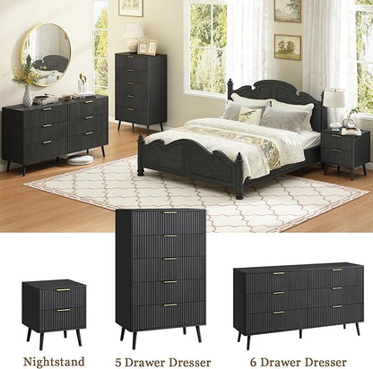 CARPETNAL Fluted 5 Drawers Dresser for Bedroom, 45" Tall Wooden Chest of Drawers with Rounded Corners, Gold Handles, Modern Storage Organizer for Bedroom, Hallway (Black)
