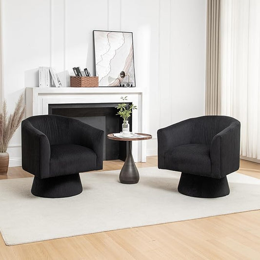 Swivel Accent Chair Set of 2, Modern 360° Swivel Barrel Chair, Corduroy Upholstered Single Sofa for Living Room, Bedroom(Black)