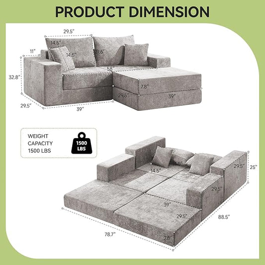 79" Boneless Loveseat Sofa Couch, Modular Foldable Floor Cloud Sofa with Ottoman, Lounge Convertible Sofa Bed for Living Room, No Assembly, Chenille Light Grey
