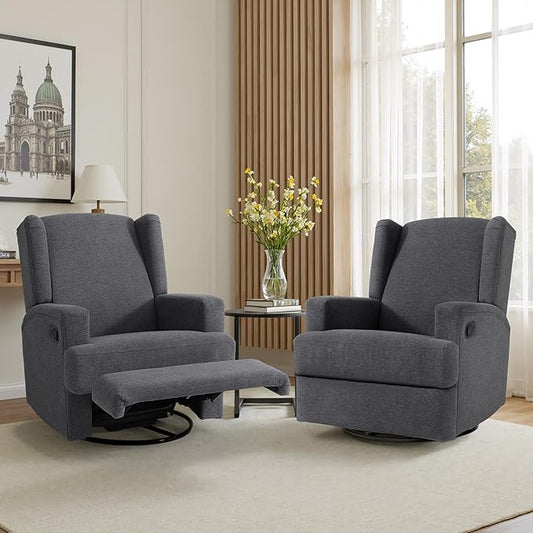 Swivel Glider Recliner Chairs Set of 2 for Adults - High Back Rocker Recliners with Deep Seat, Comfortable & Quiet Upholstered Fabric Armchairs for Living Room or Nursery, Manual Reclining-Gray