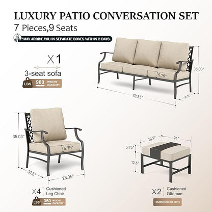 HERA'S HOUSE 7 Piece Patio Furniture Set, 4 x Fixed Metal Cushioned Chair, 2 x Cushioned Ottoman, 1 x 3-Seat Sofa, Outdoor Conversation Set for Lawn Garden Backyard Poolside